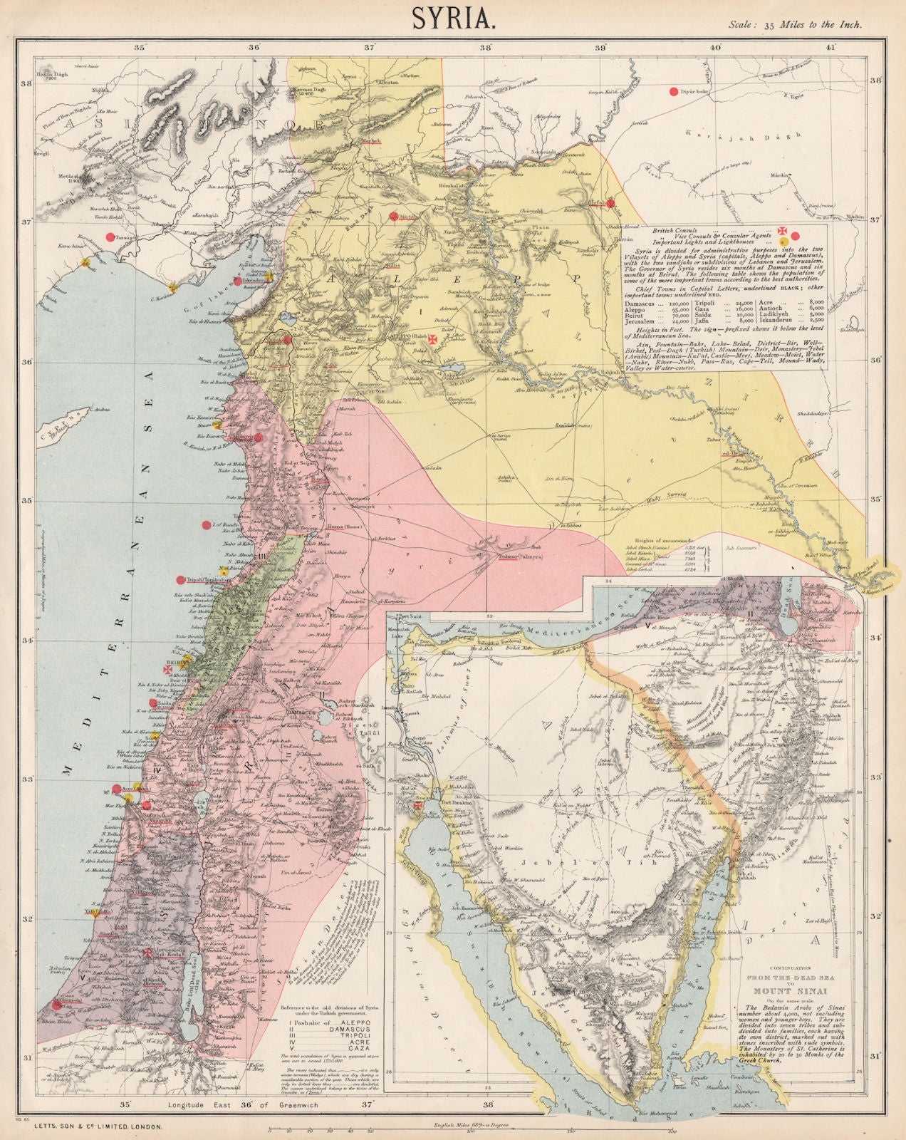 LEVANT. Syria Palestine Lebanon. Lighthouses. Inset Sinai Negev. LETTS 1889 map